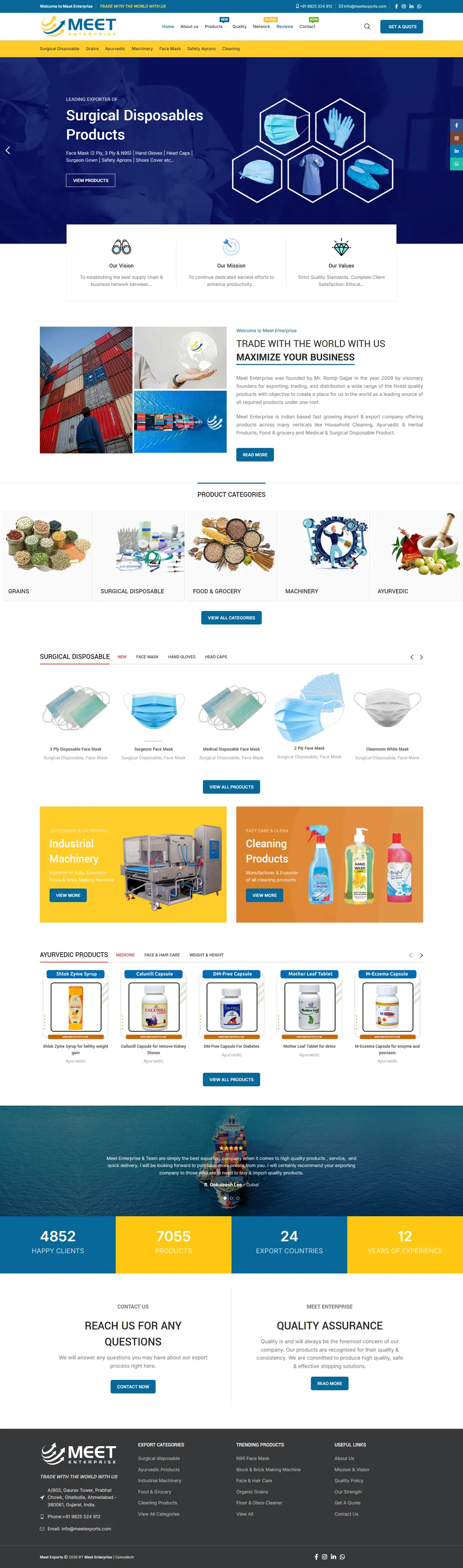 Full homepage of the Meet Enterprise website, import & export in India, designed and built by Concotech