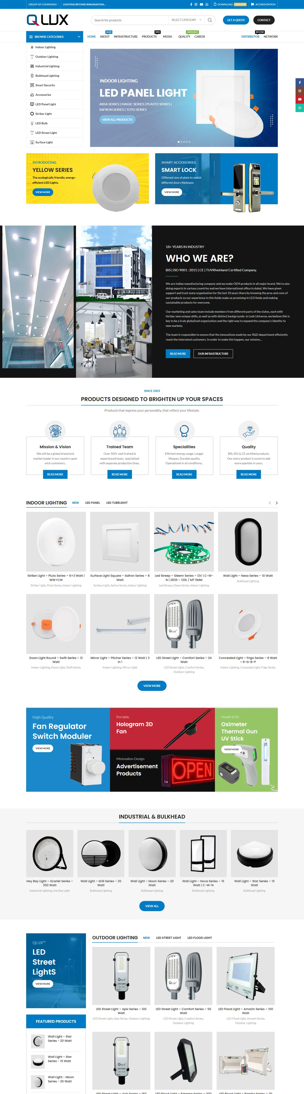 Full homepage of the QLUX LED website, led lighting in India, designed and built by Concotech