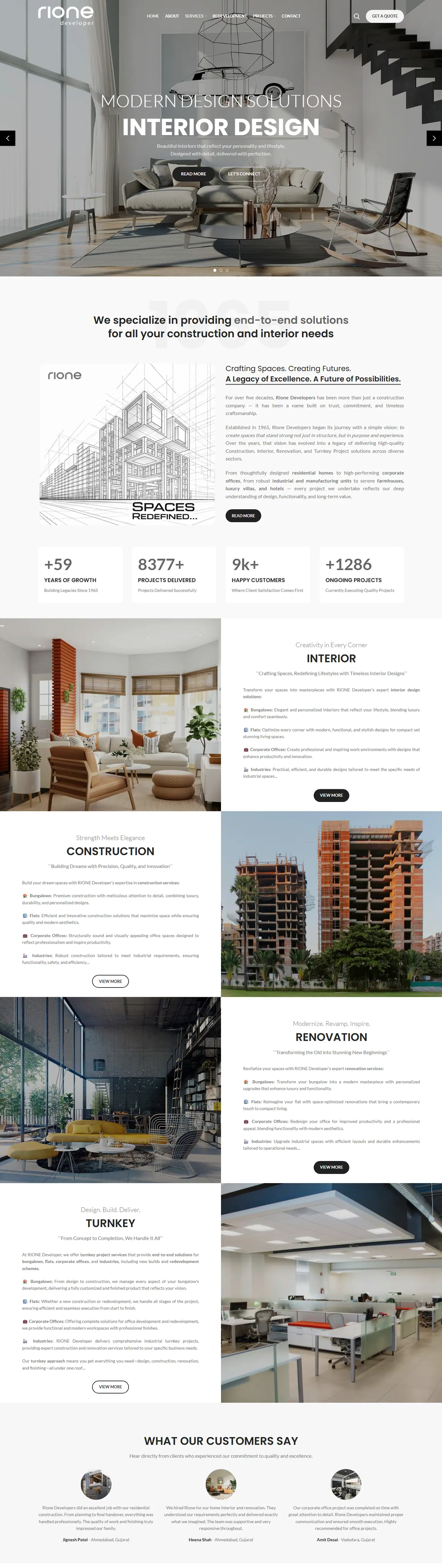 Full homepage of the Rione Developers website, real estate in India, designed and built by Concotech