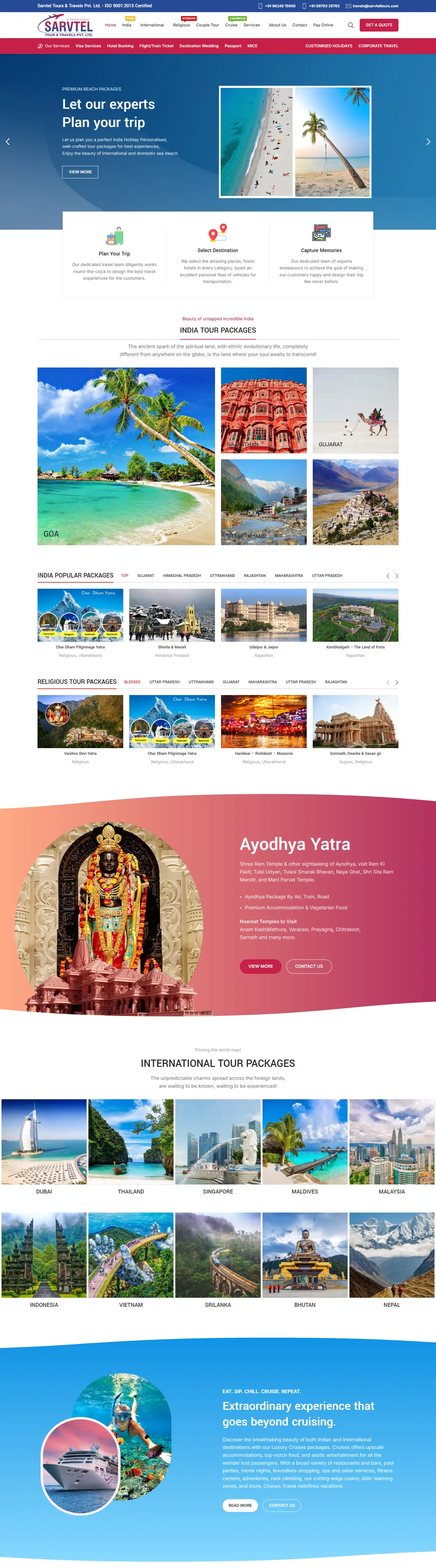 Full homepage of the Sarvtel Tours & Travels website, travel in India, designed and built by Concotech