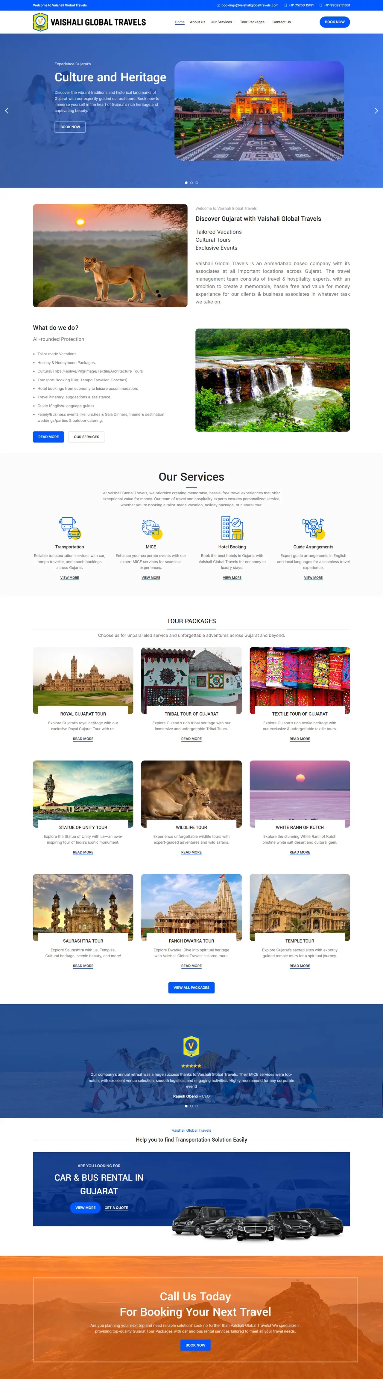 Full homepage of the Vaishali Global Travels website, car rental in Ahmedabad, designed and built by Concotech