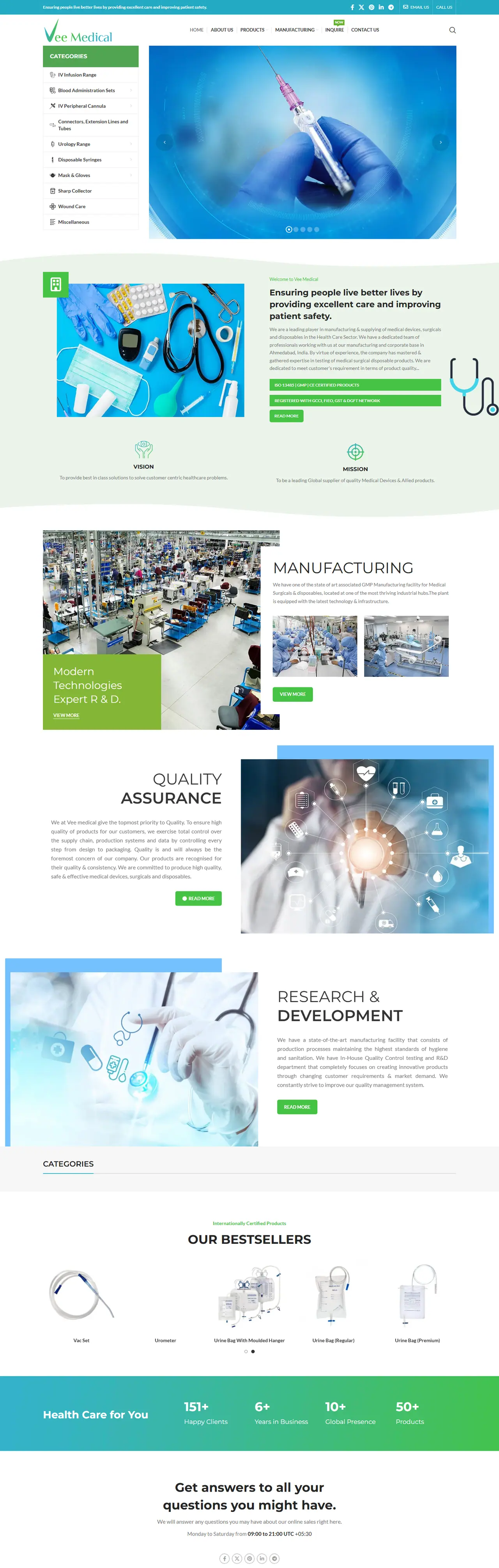 Full homepage of the Vee Medical website, medical supplies in India, designed and built by Concotech