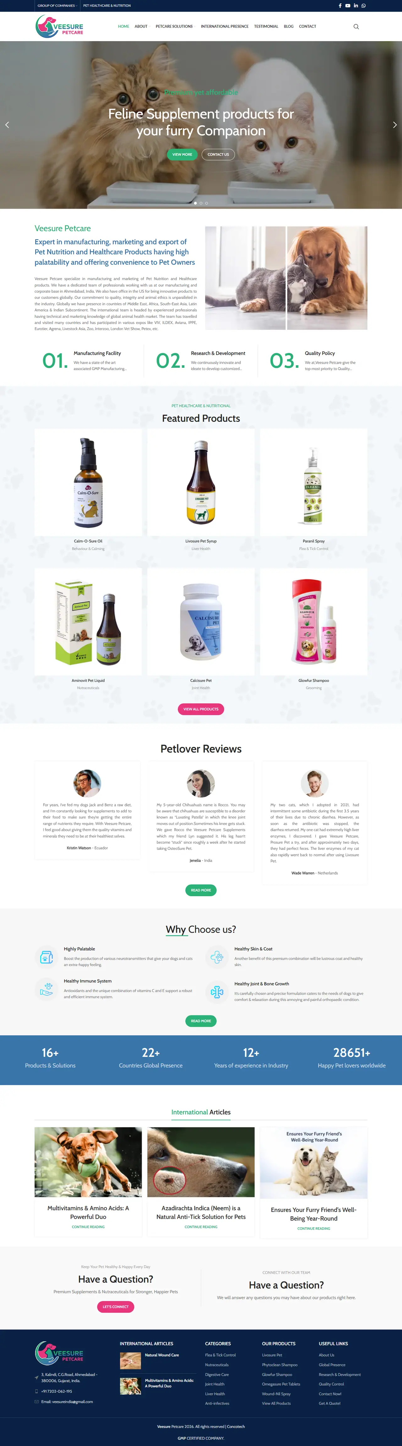 Full homepage of the Veesure Petcare website, pet healthcare in India, designed and built by Concotech